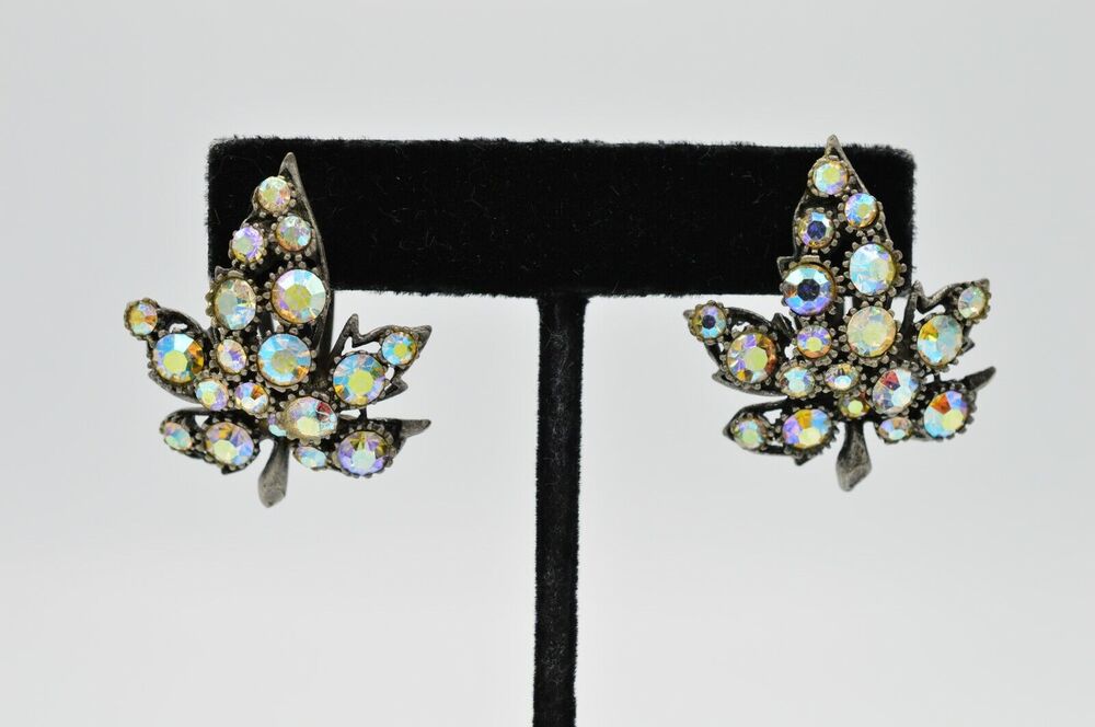 BSK Vintage Crystal Leaf Clip On Earrings Rhinestone Blue AB Retro Signed 60s 9L